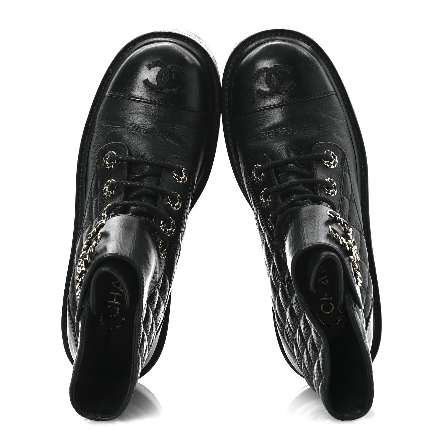 Shiny Goatskin Calfskin Quilted Lace Up Combat Boots 37 Black