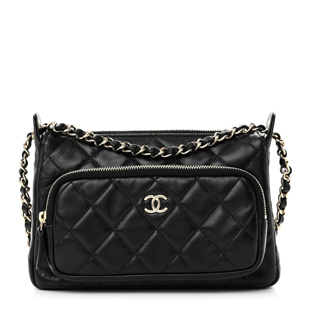 Shiny Crumpled Lambskin Quilted Mini Preppy Pocket Clutch With Chain Black