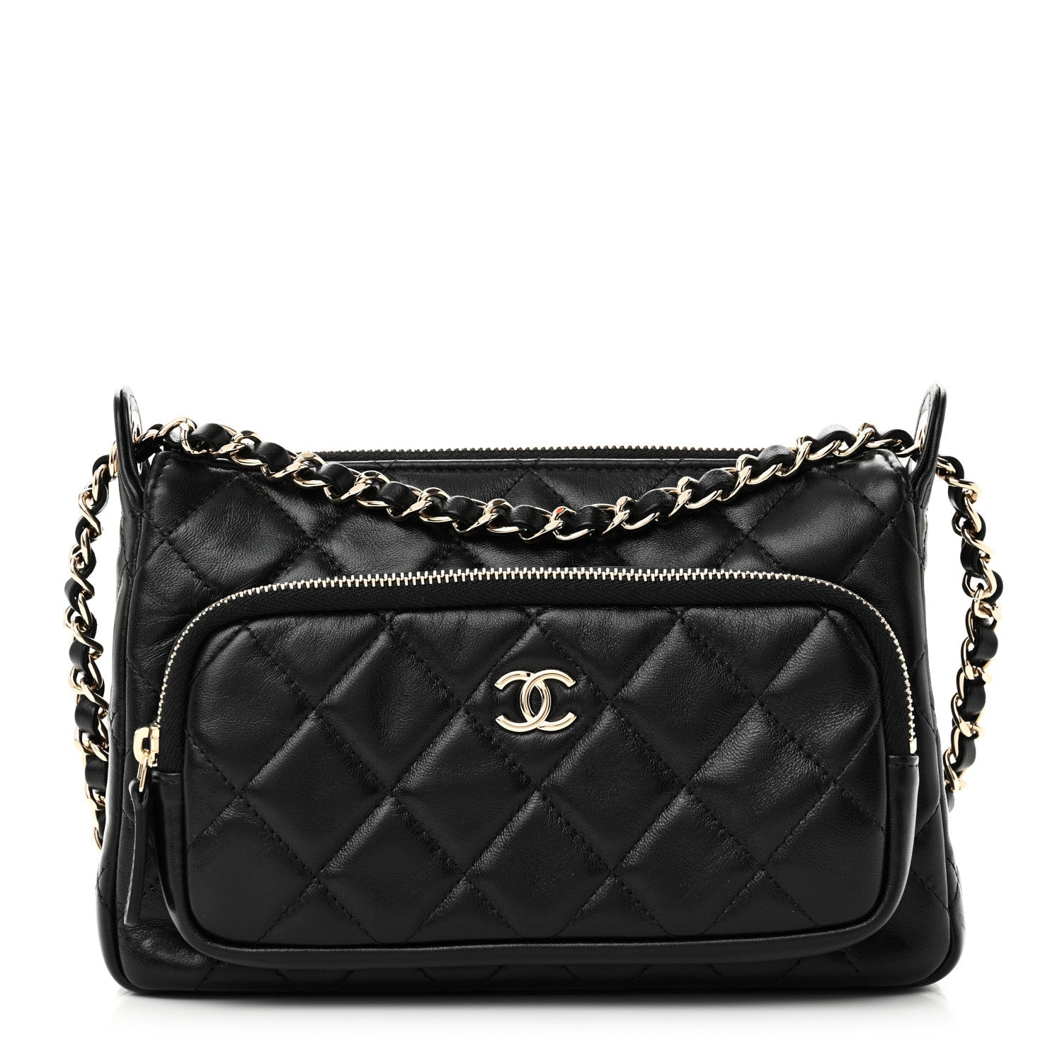 Shiny Crumpled Lambskin Quilted Mini Preppy Pocket Clutch With Chain Black
