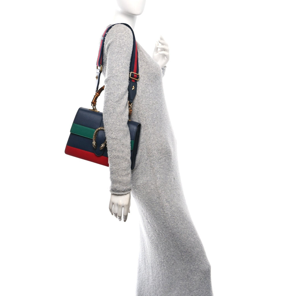Moon Calfskin Bamboo Web Medium Dionysus Top Handle Bag Blue Emerald Hibiscus Red