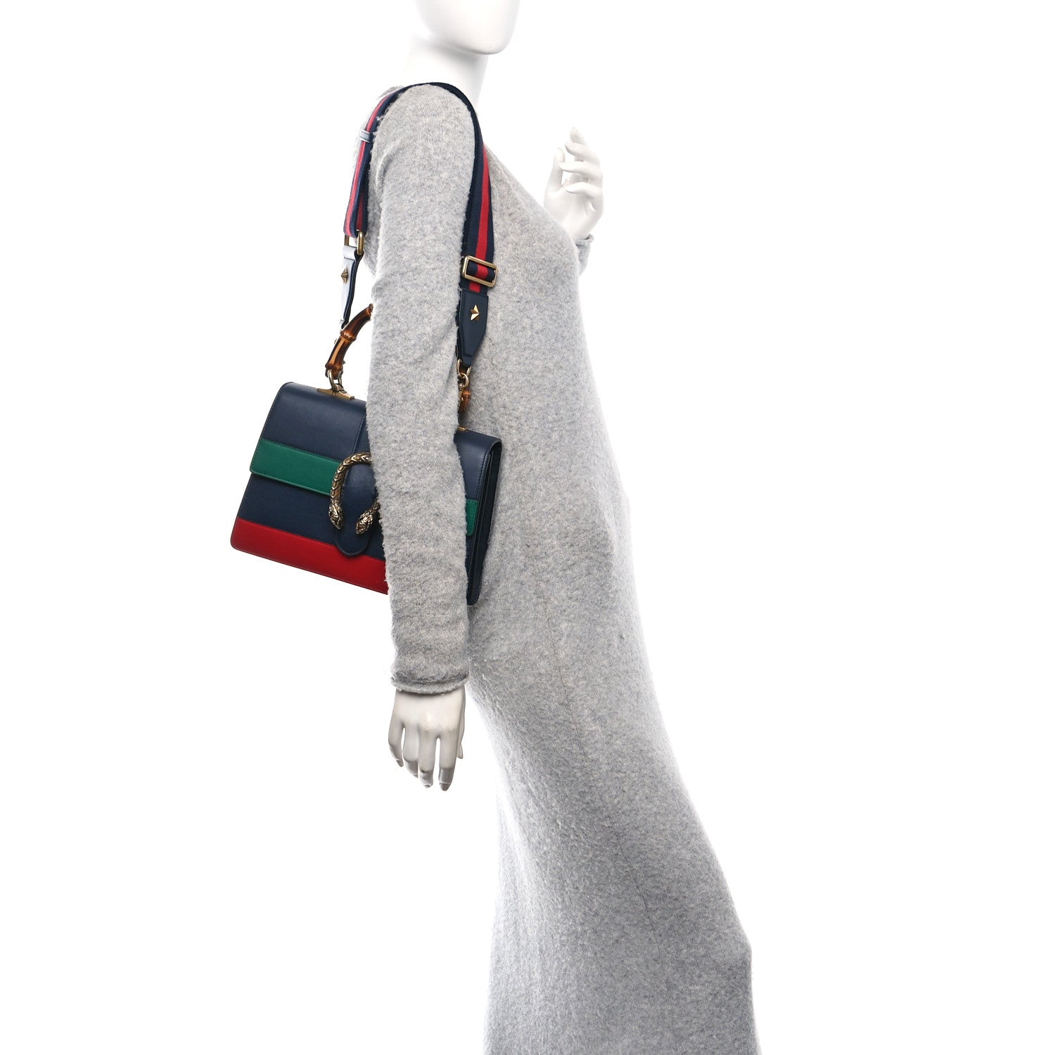 Moon Calfskin Bamboo Web Medium Dionysus Top Handle Bag Blue Emerald Hibiscus Red