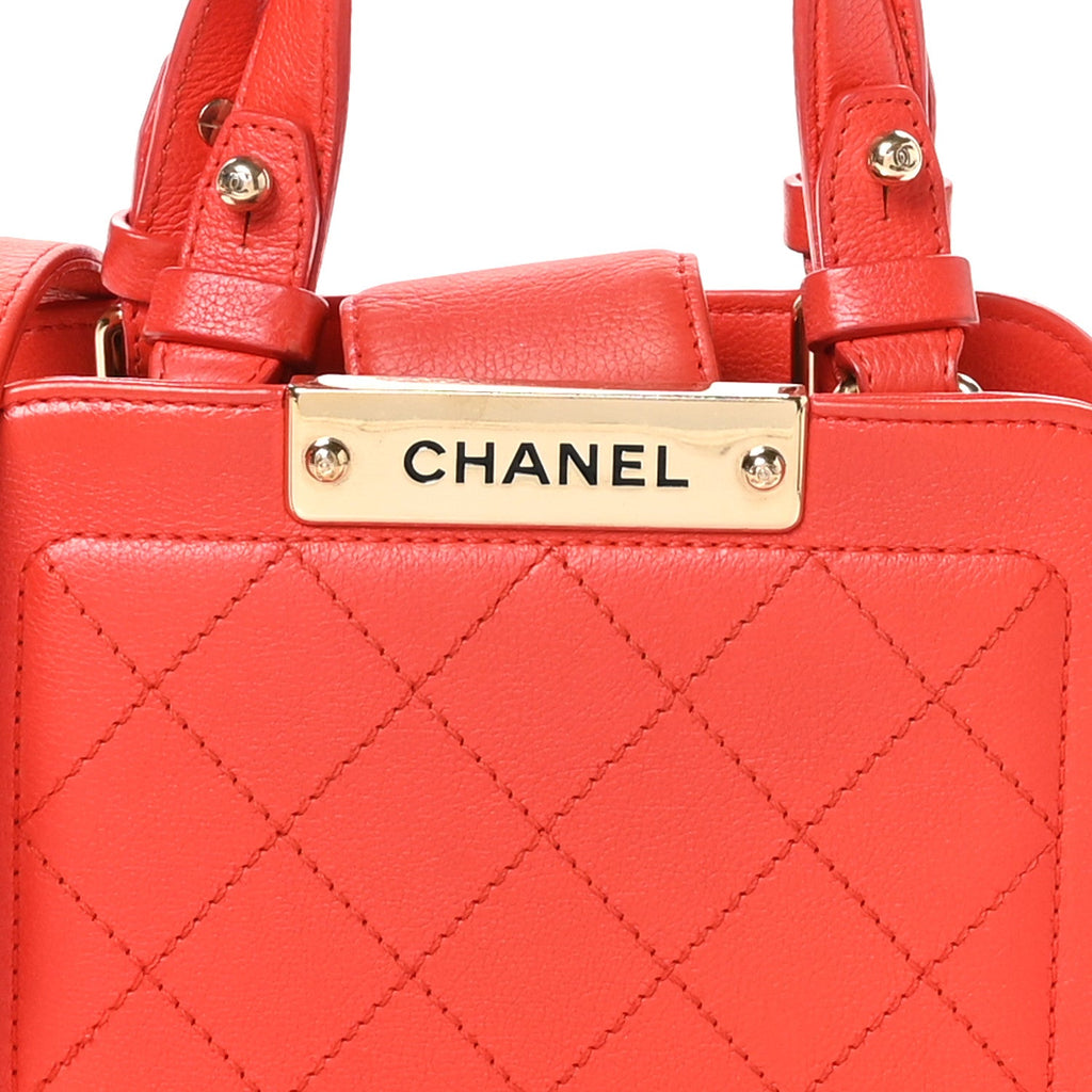 Grained Calfskin Stitched Mini Label  Shopper Tote Red
