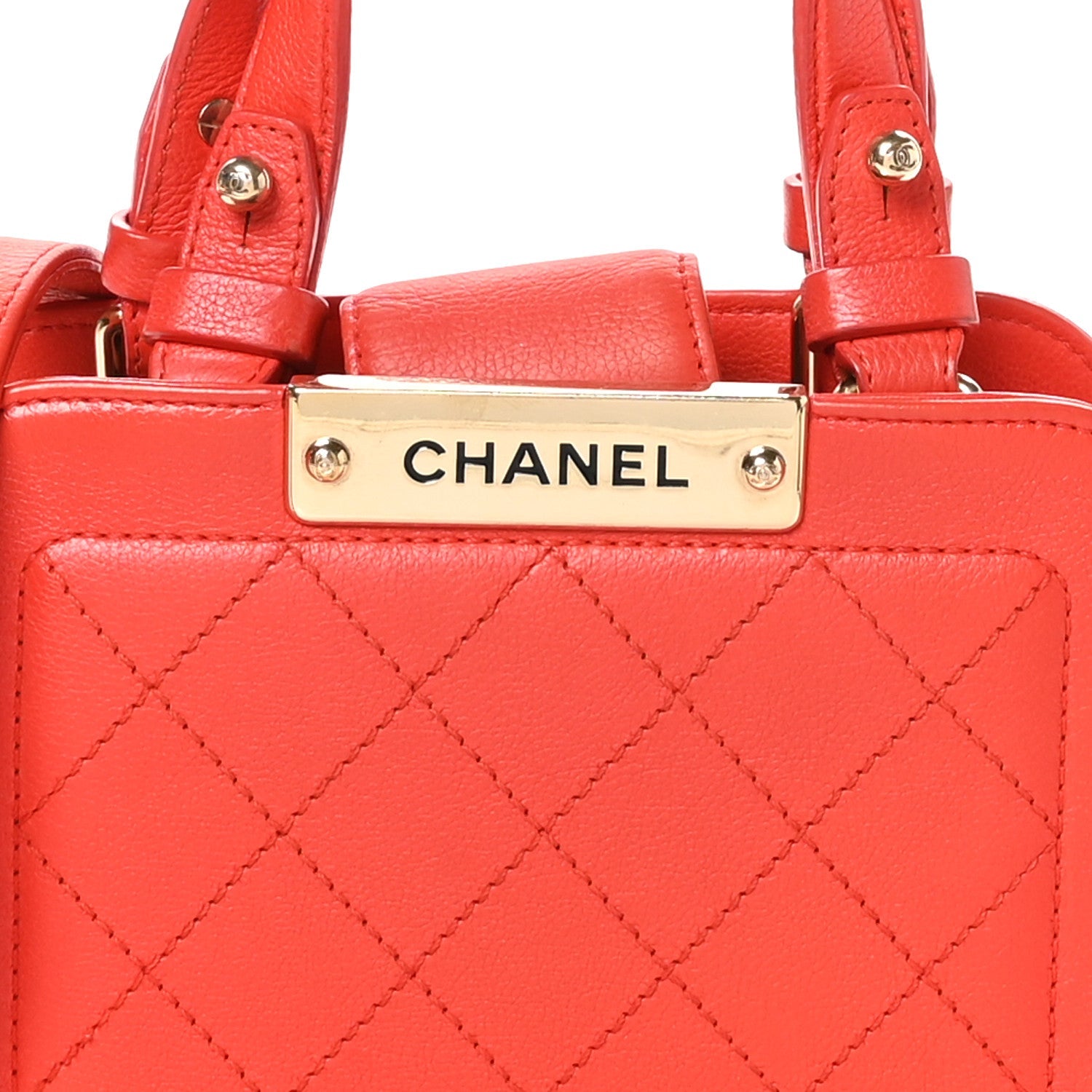 Grained Calfskin Stitched Mini Label  Shopper Tote Red