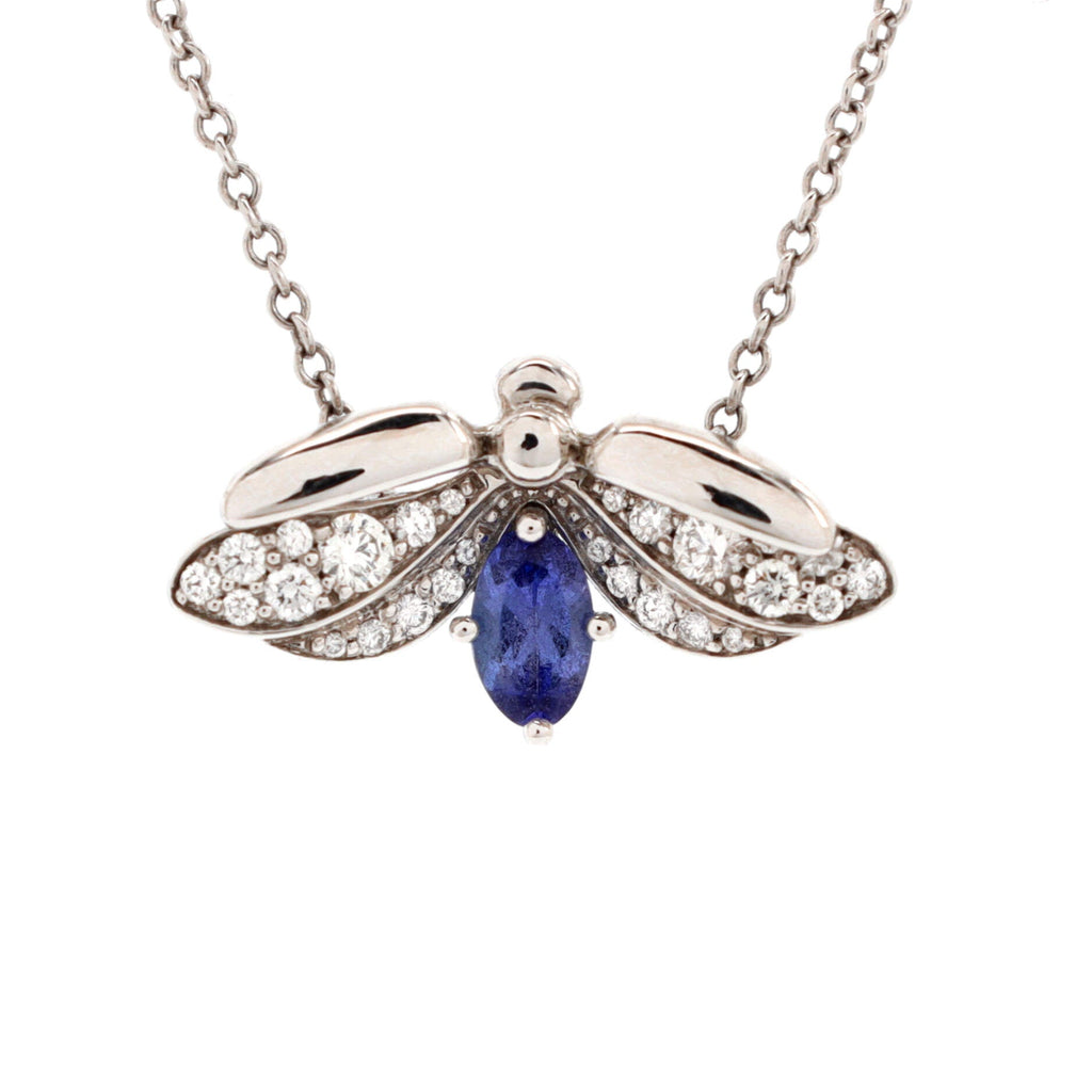 Paper Flowers Firefly Pendant Necklace Platinum with Diamonds and Tanzanite Small