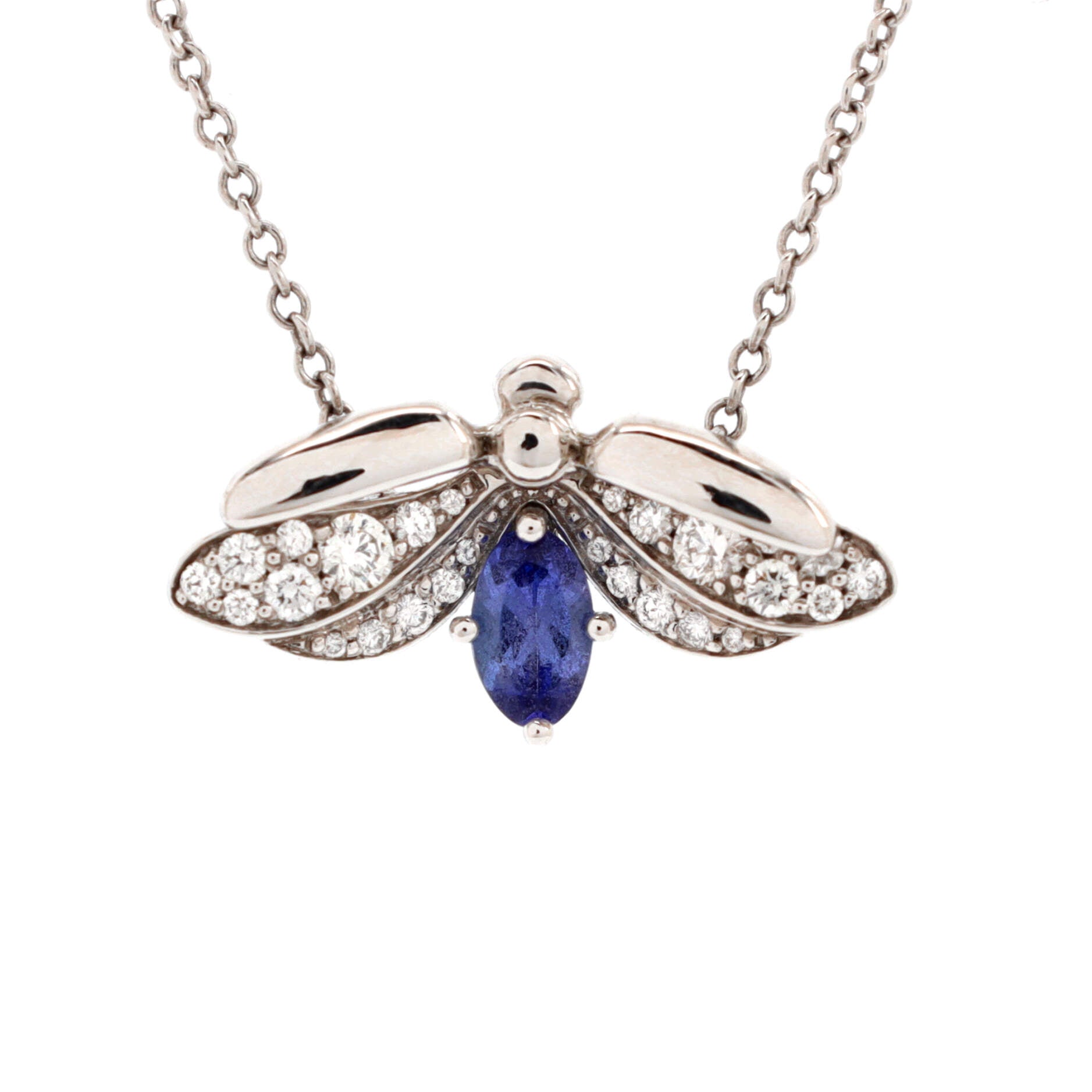 Paper Flowers Firefly Pendant Necklace Platinum with Diamonds and Tanzanite Small