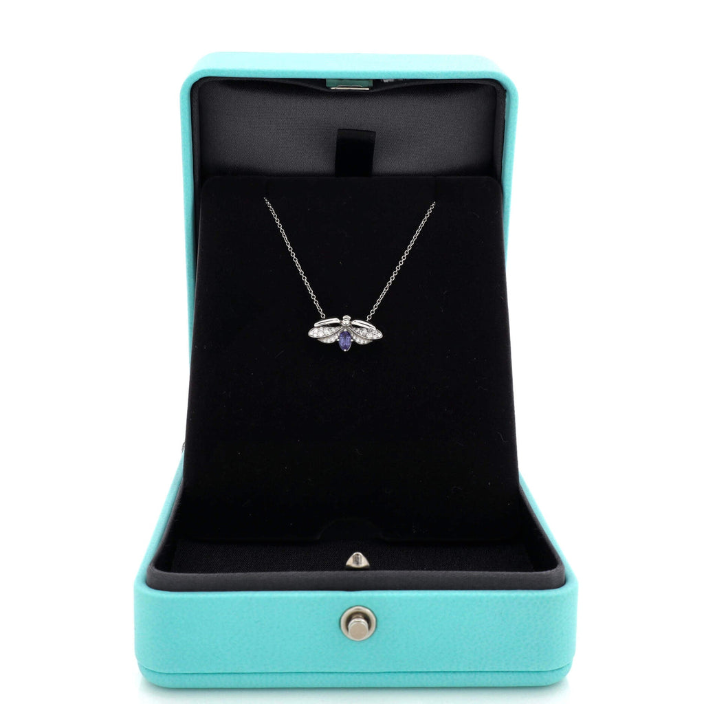 Paper Flowers Firefly Pendant Necklace Platinum with Diamonds and Tanzanite Small