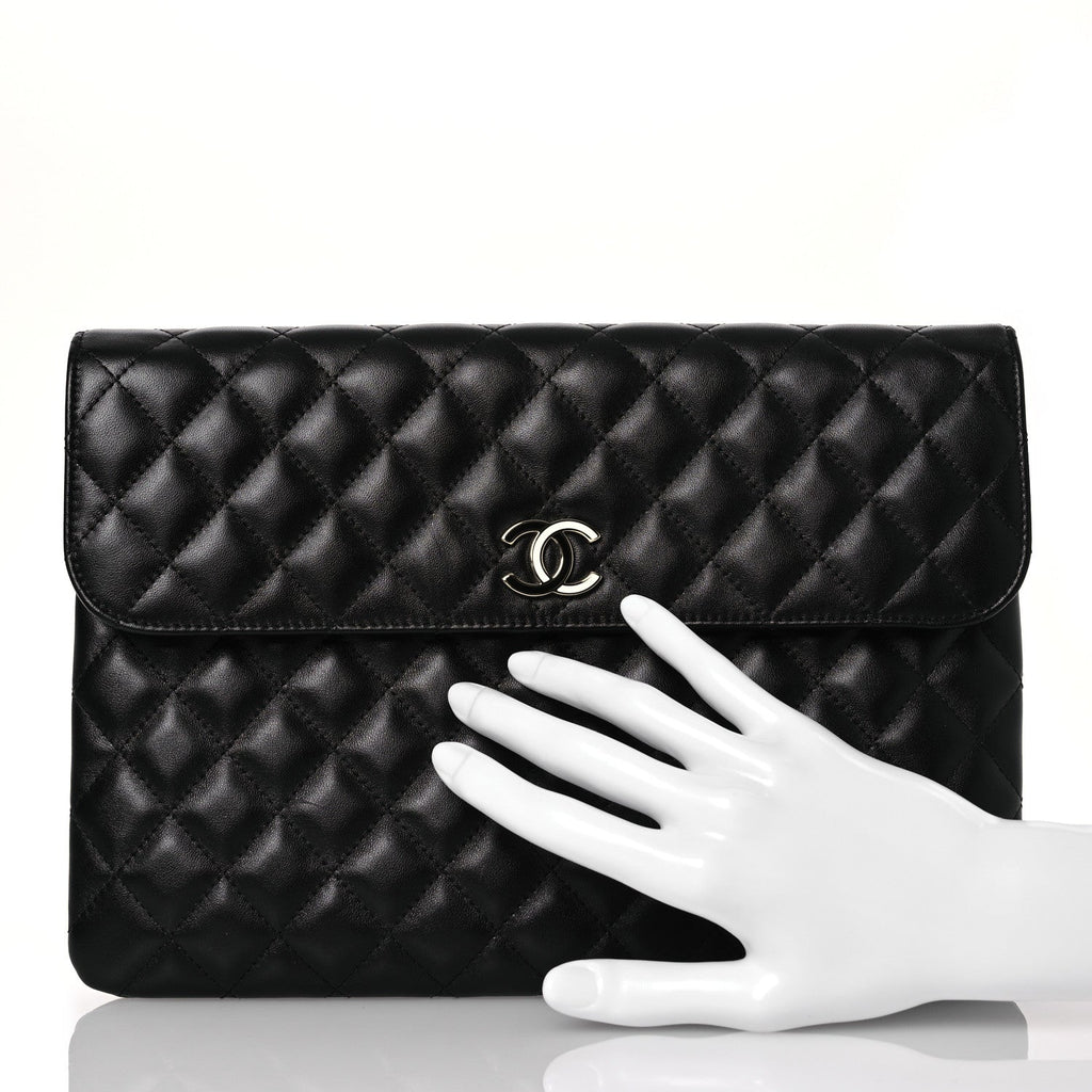 Lambskin Enamel Quilted Document Portfolio Holder Black