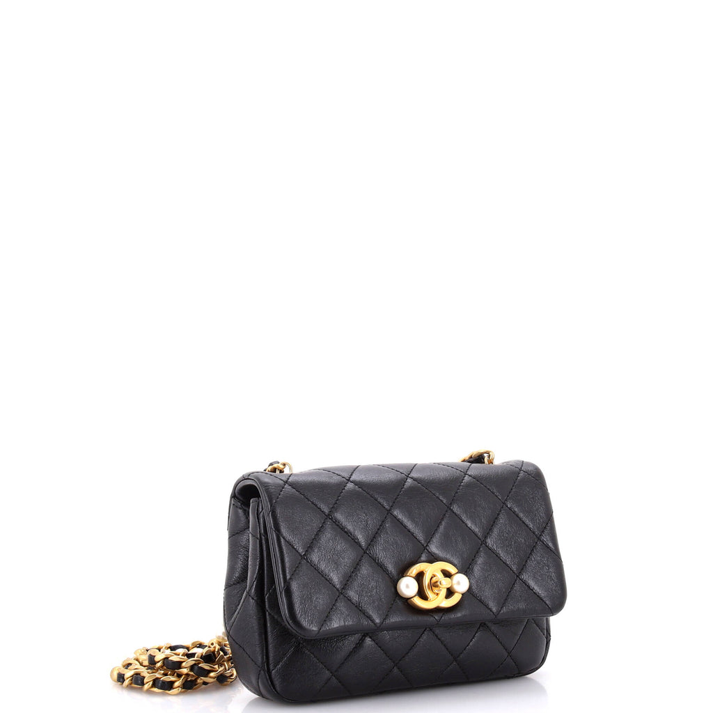 CC Pearl Section Chain Flap Bag Quilted Calfskin Mini