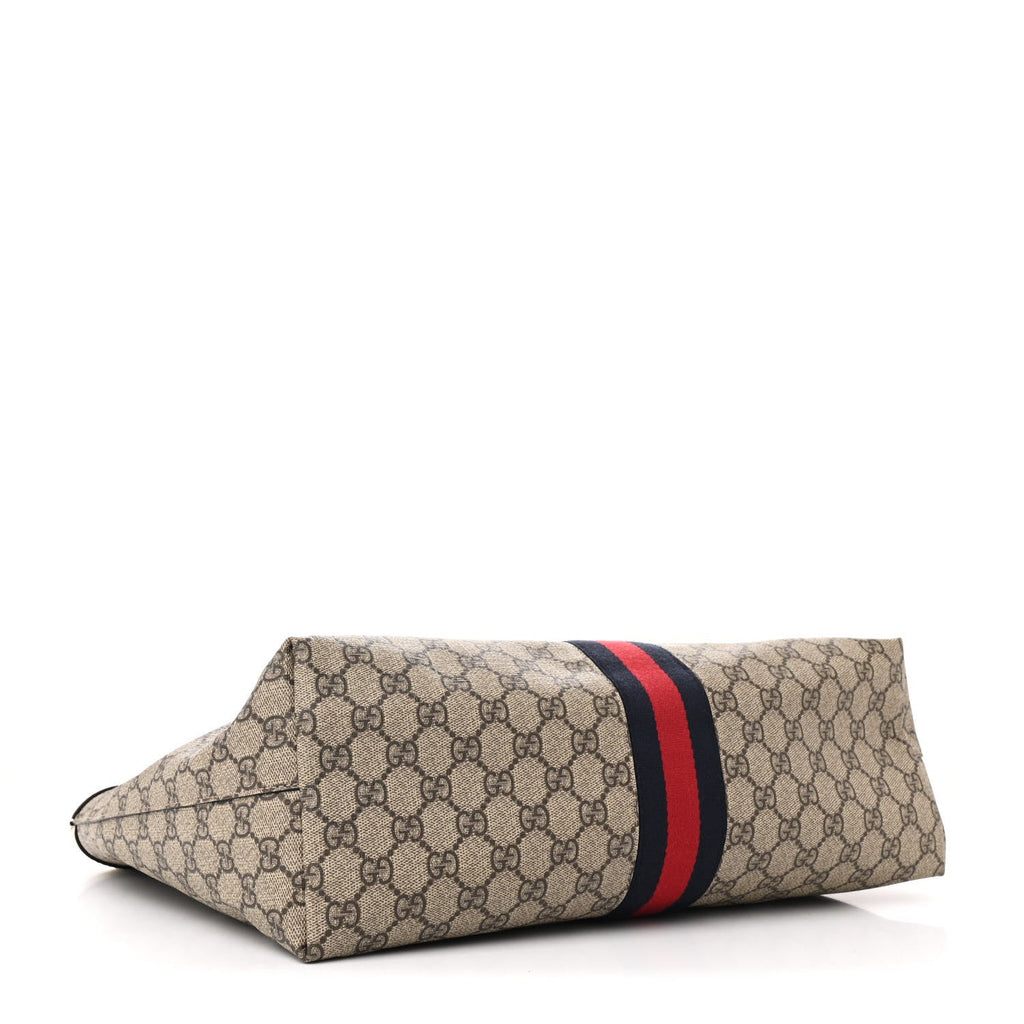GG Supreme Monogram Textured Dollar Calfskin Web Medium Ophidia Shopping Tote Beige Ebony Mystic White