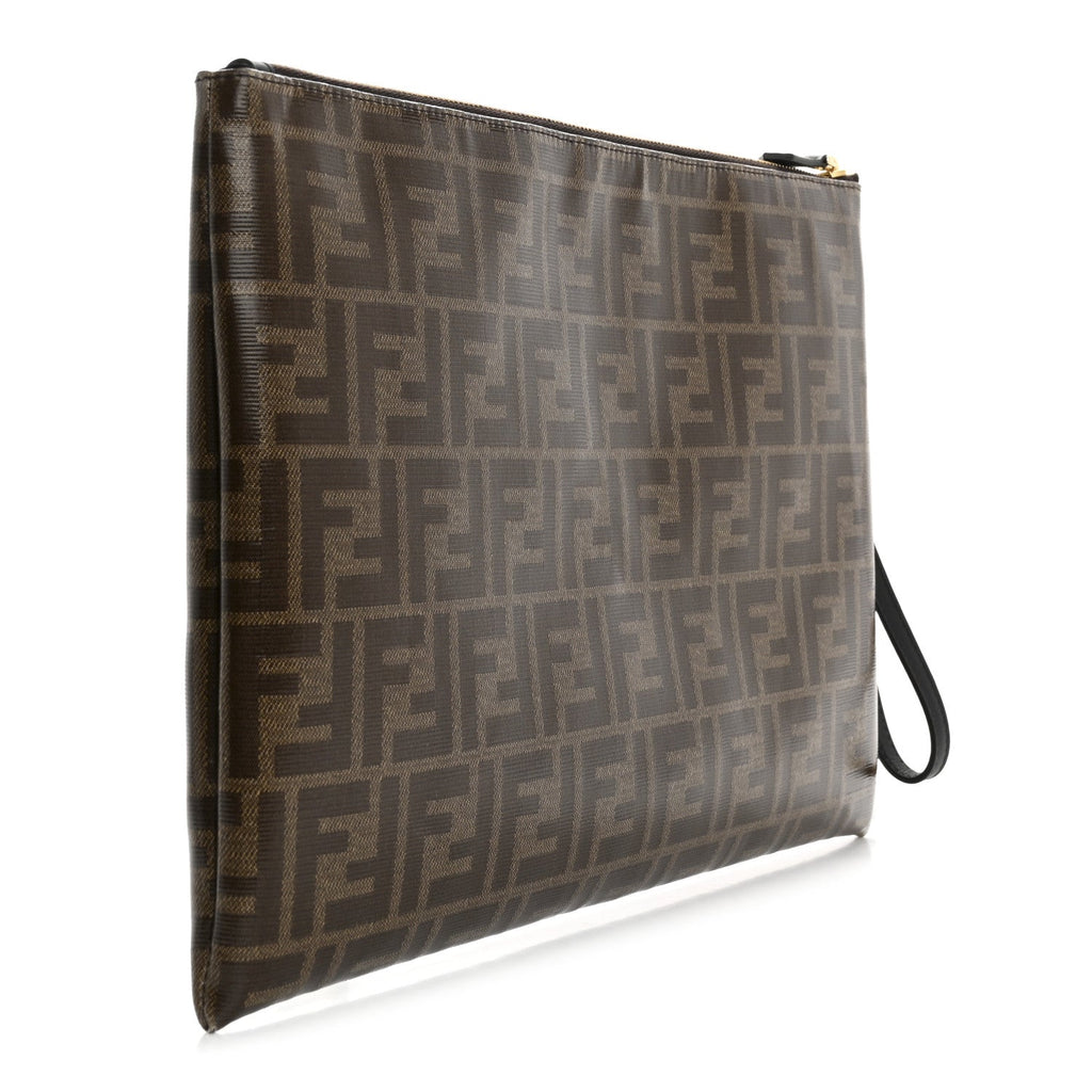 Glazed Fabric Vitello Century FF 1974 Stamp Patch Large Flat Pouch Mogano Panna Black