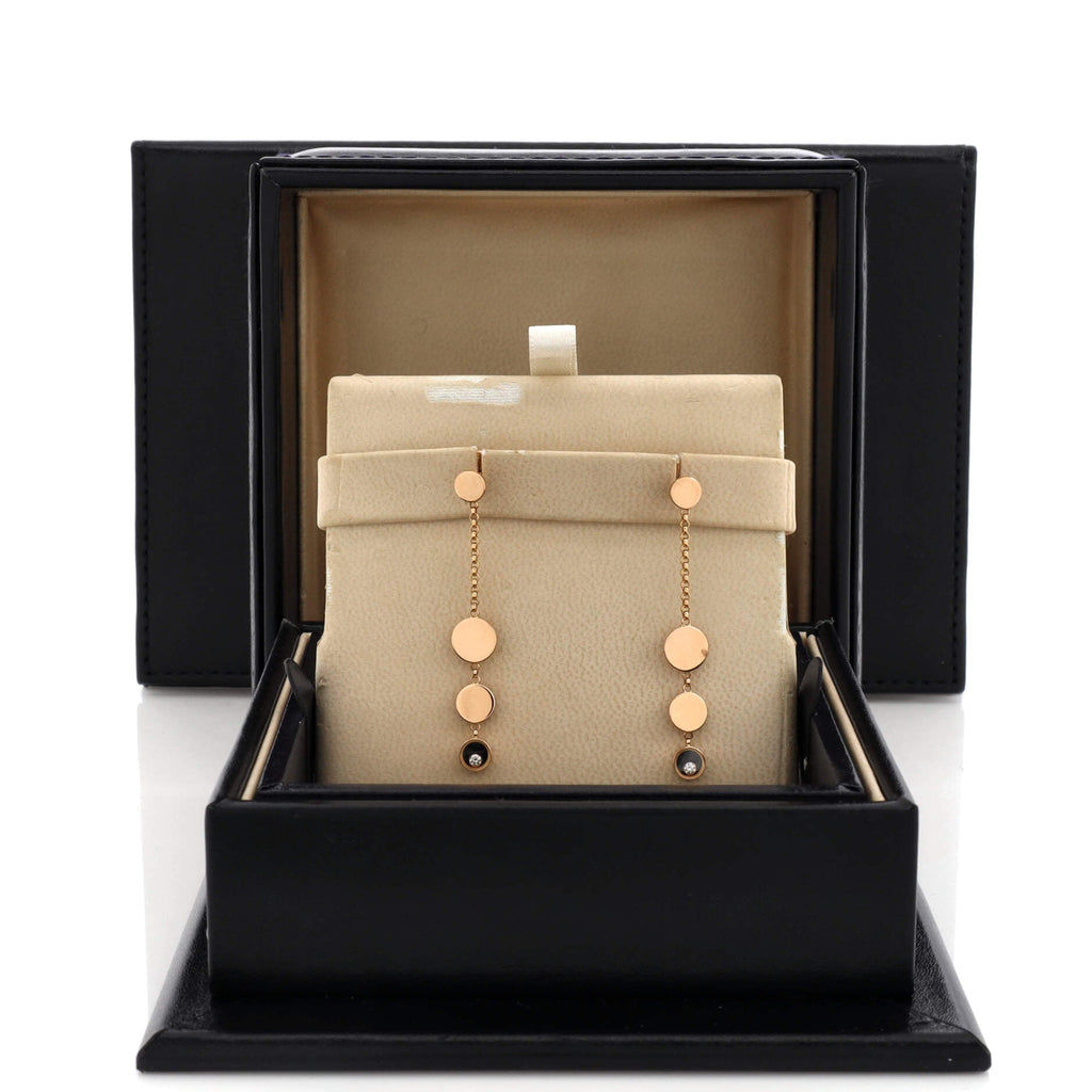 Happy Round Dangling Drop Earrings 18K Rose Gold and Onyx with Floating Diamonds