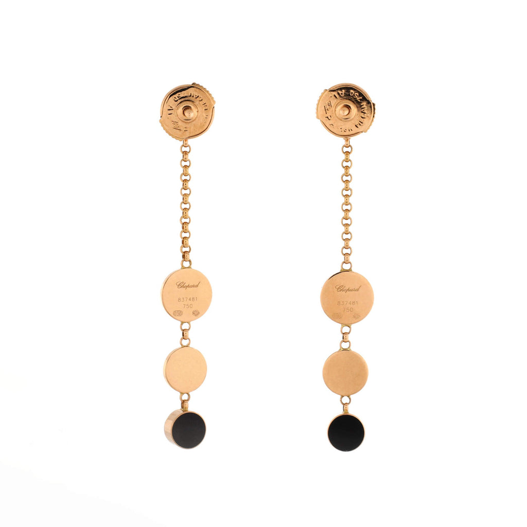 Happy Round Dangling Drop Earrings 18K Rose Gold and Onyx with Floating Diamonds