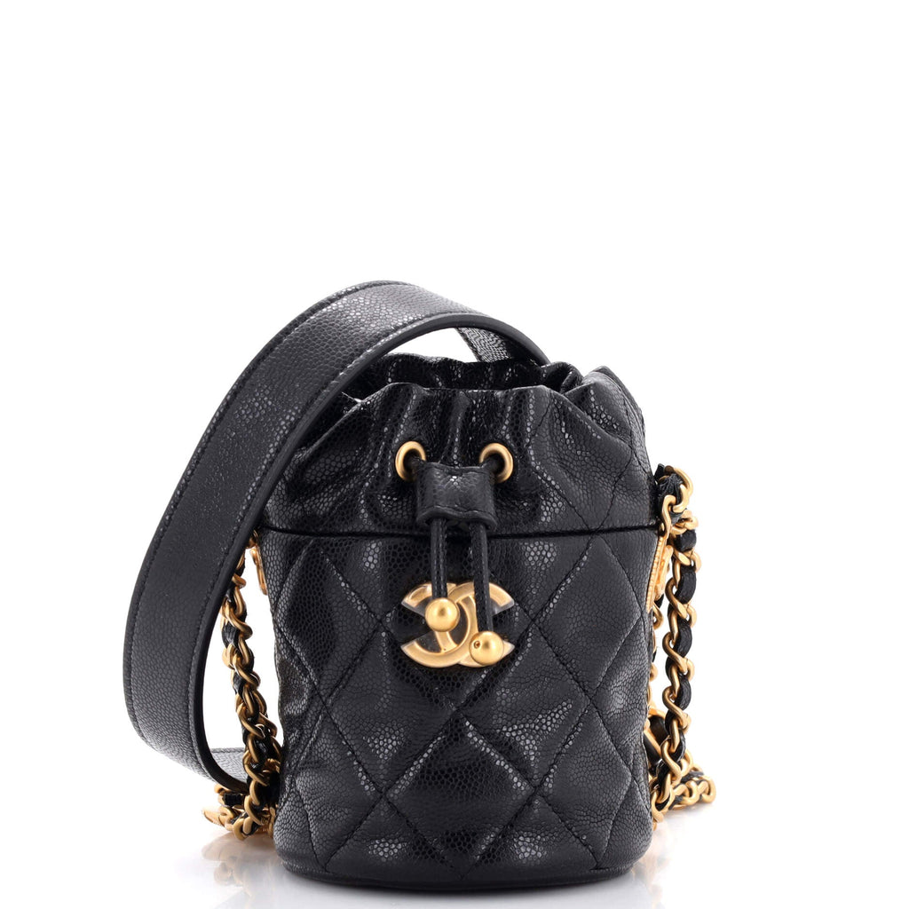 Twist Your Buttons Drawstring Bucket Bag Quilted Caviar Mini