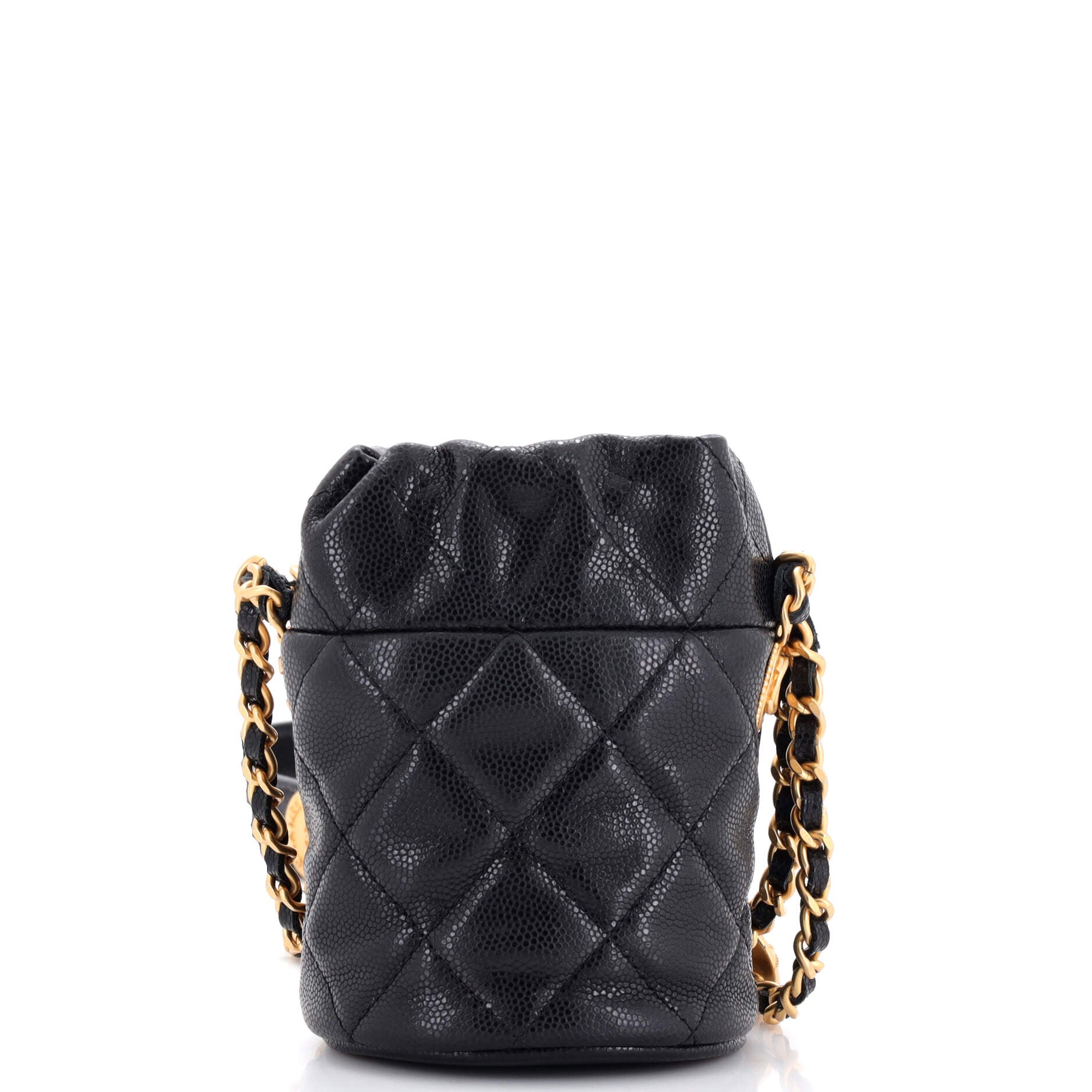 Twist Your Buttons Drawstring Bucket Bag Quilted Caviar Mini
