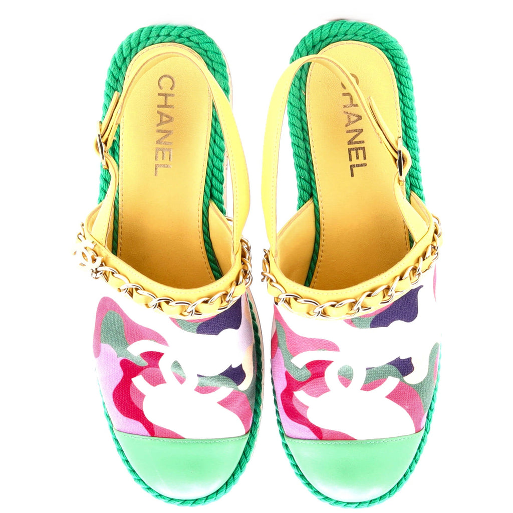 Women's Cap Toe CC Chain Slingback Mules Printed Cotton and Leather with Cork