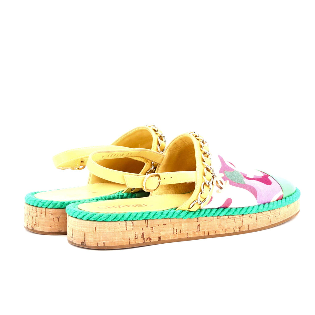 Women's Cap Toe CC Chain Slingback Mules Printed Cotton and Leather with Cork
