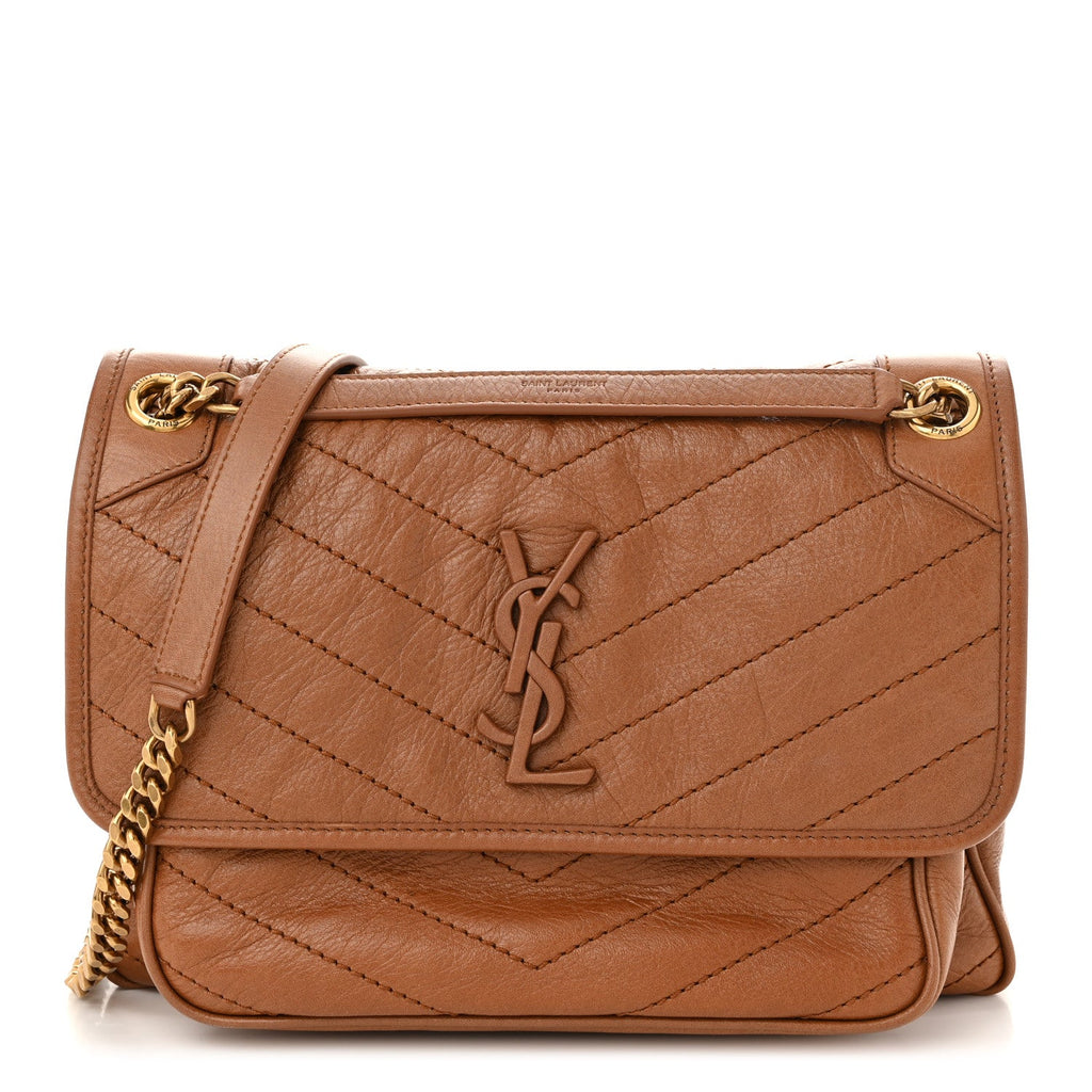 Crinkled Calfskin Matelasse Monogram Medium Niki Chain Satchel Caramel