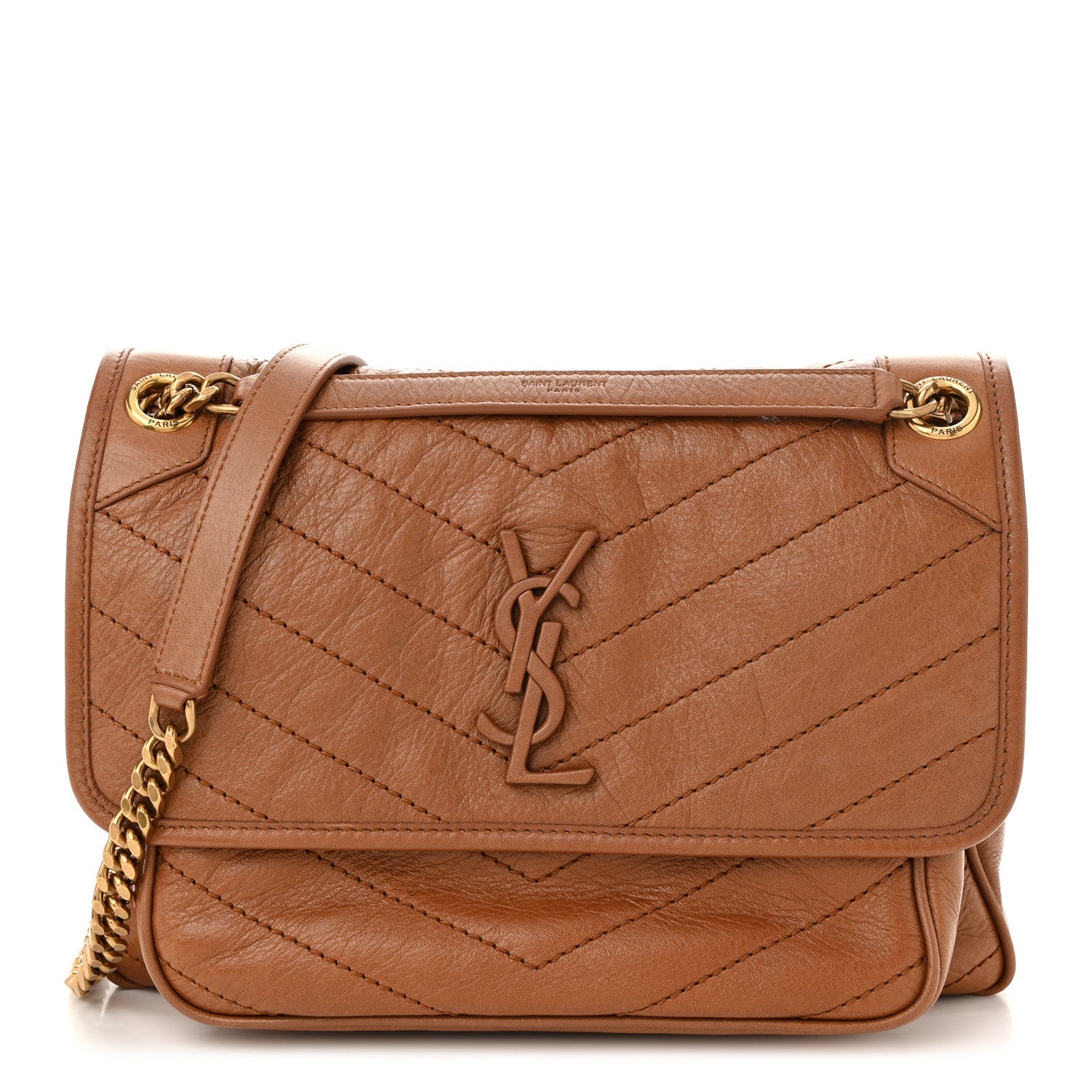 Crinkled Calfskin Matelasse Monogram Medium Niki Chain Satchel Caramel