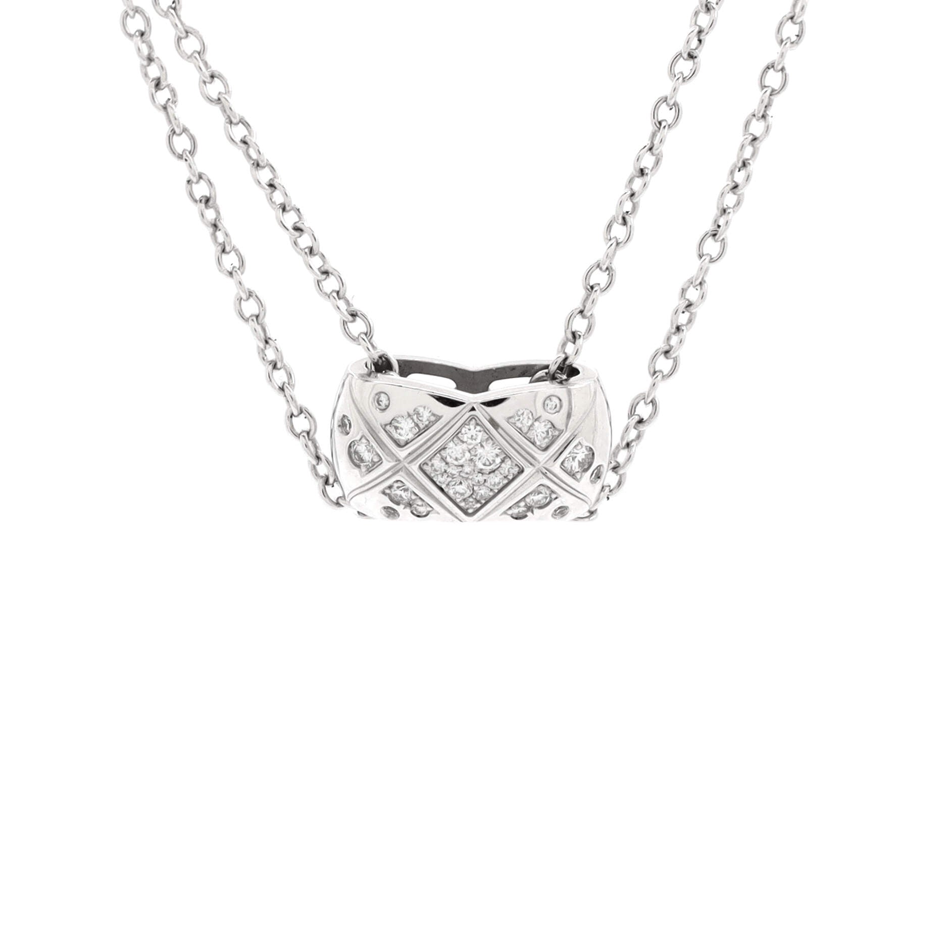 Coco Crush Double Chain Pendant Necklace 18K White Gold with Diamonds