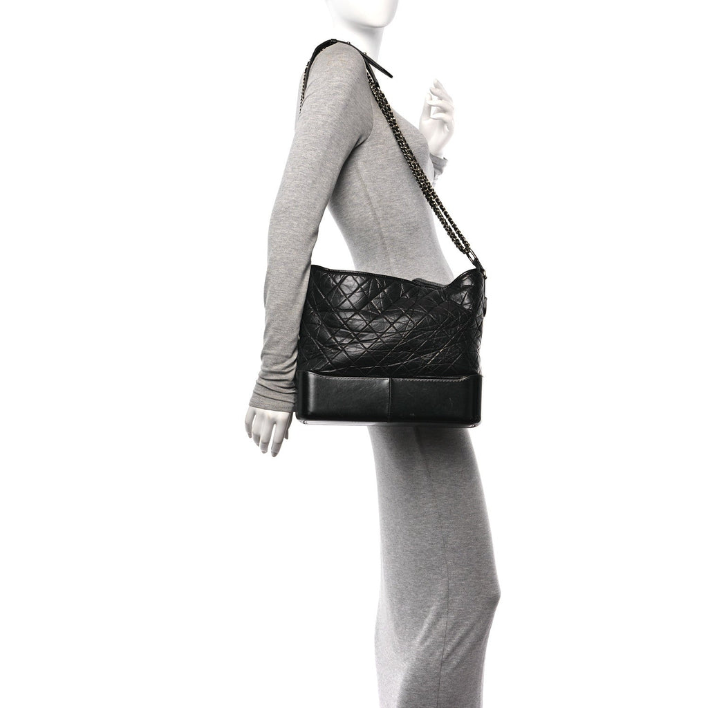 Aged Smooth Calfskin Quilted Large Gabrielle Logo Hobo Black