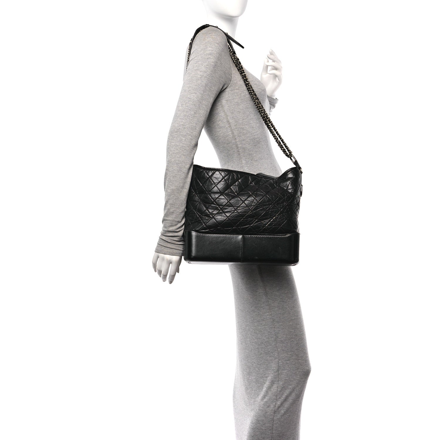 Aged Smooth Calfskin Quilted Large Gabrielle Logo Hobo Black