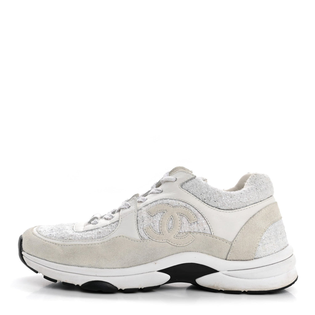 Painted Iridescent Cotton Tweed Suede Calfskin Womens CC Sneakers 39.5 White Silver Multicolor