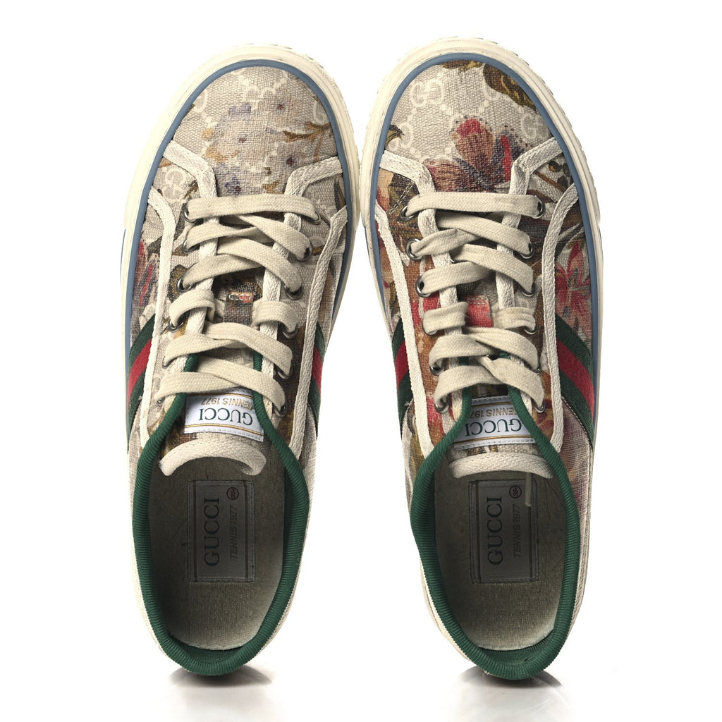 GG Supreme Monogram Water Flora Web Womens 1977 Tennis Sneakers 38.5 Beige Blue Multicolor Mystic White