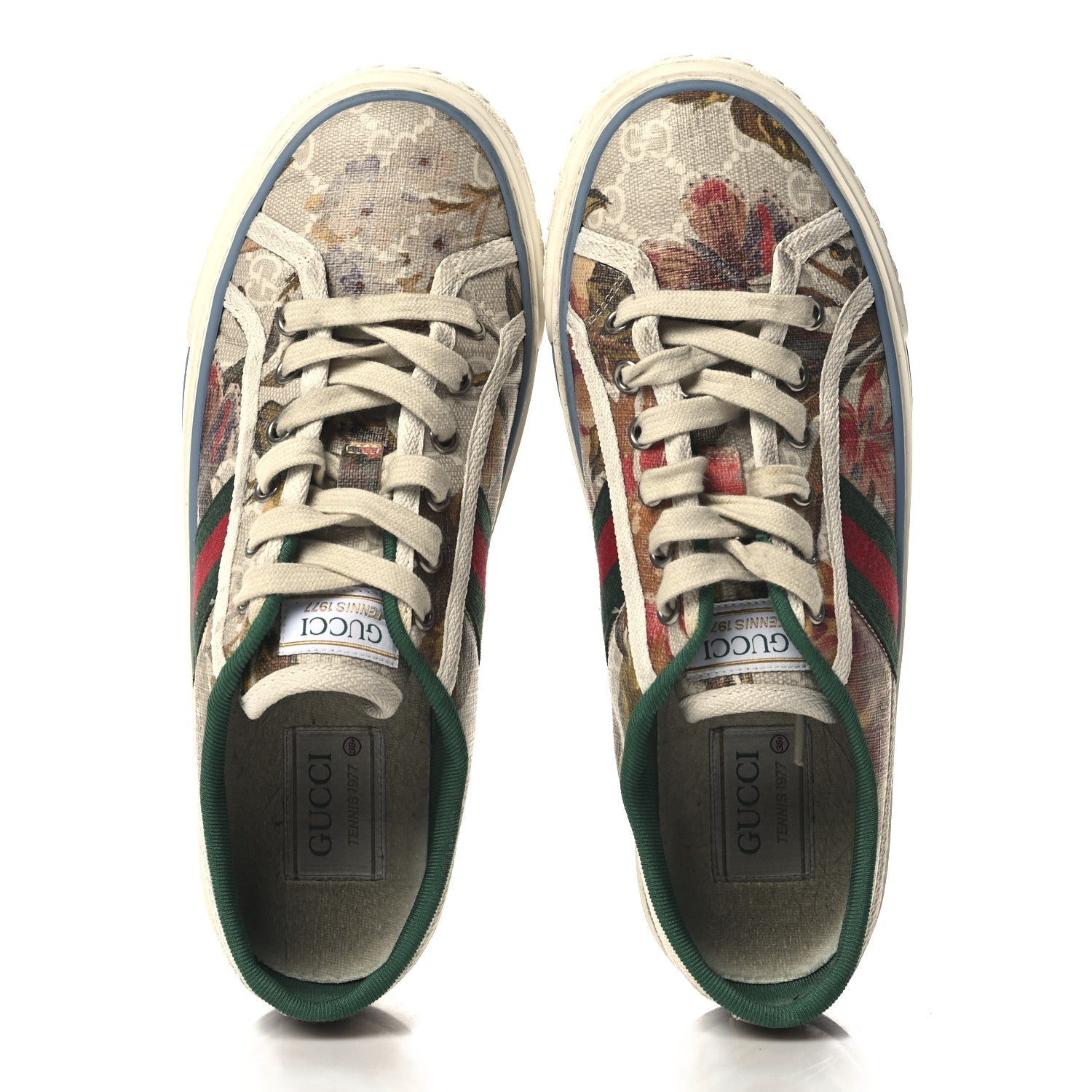 GG Supreme Monogram Water Flora Web Womens 1977 Tennis Sneakers 38.5 Beige Blue Multicolor Mystic White