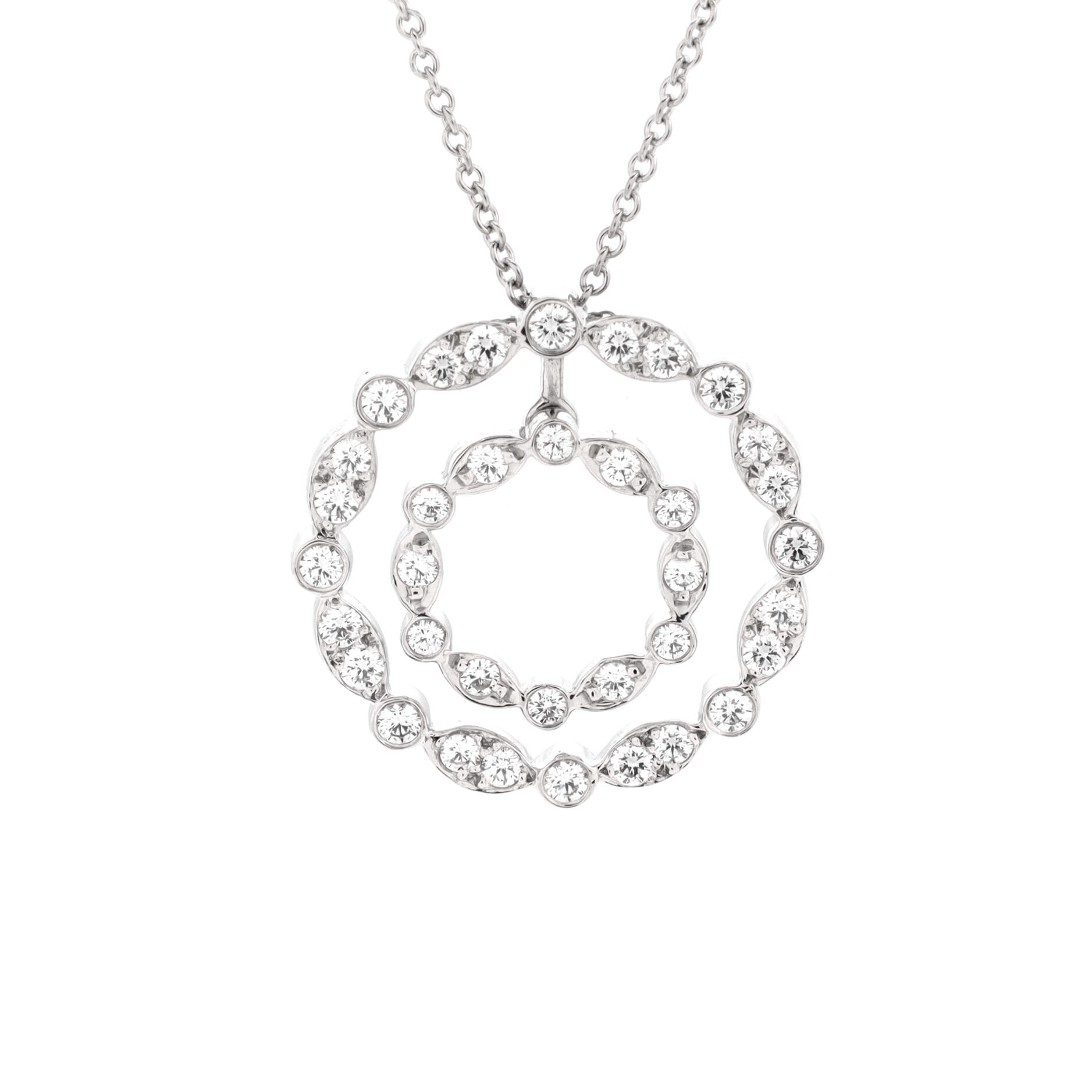Jazz Swing Double Circle Pendant Necklace Platinum with Diamonds Small