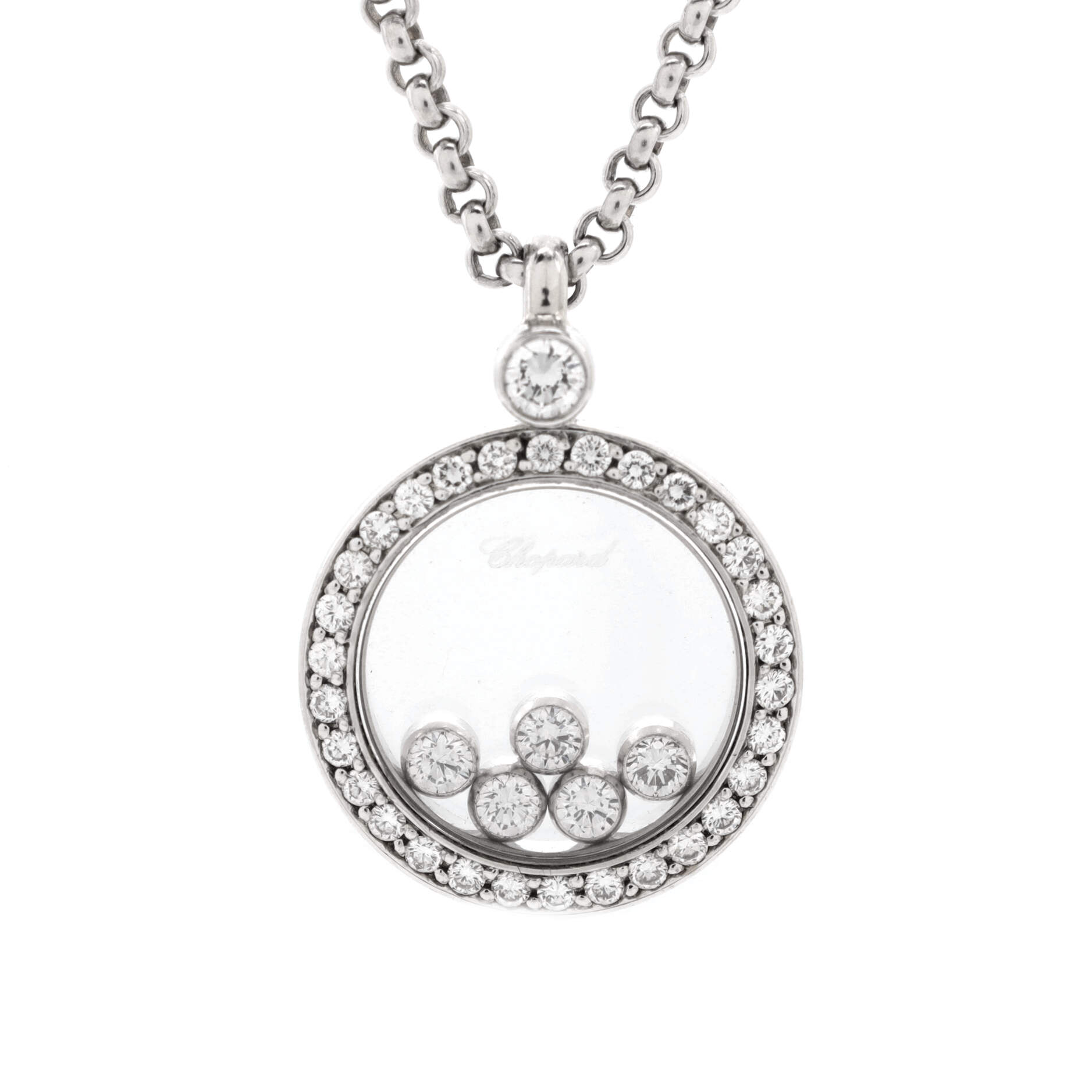 Happy Diamonds Round Pendant Necklace 18K White Gold with Diamonds and 5 Floating Diamonds