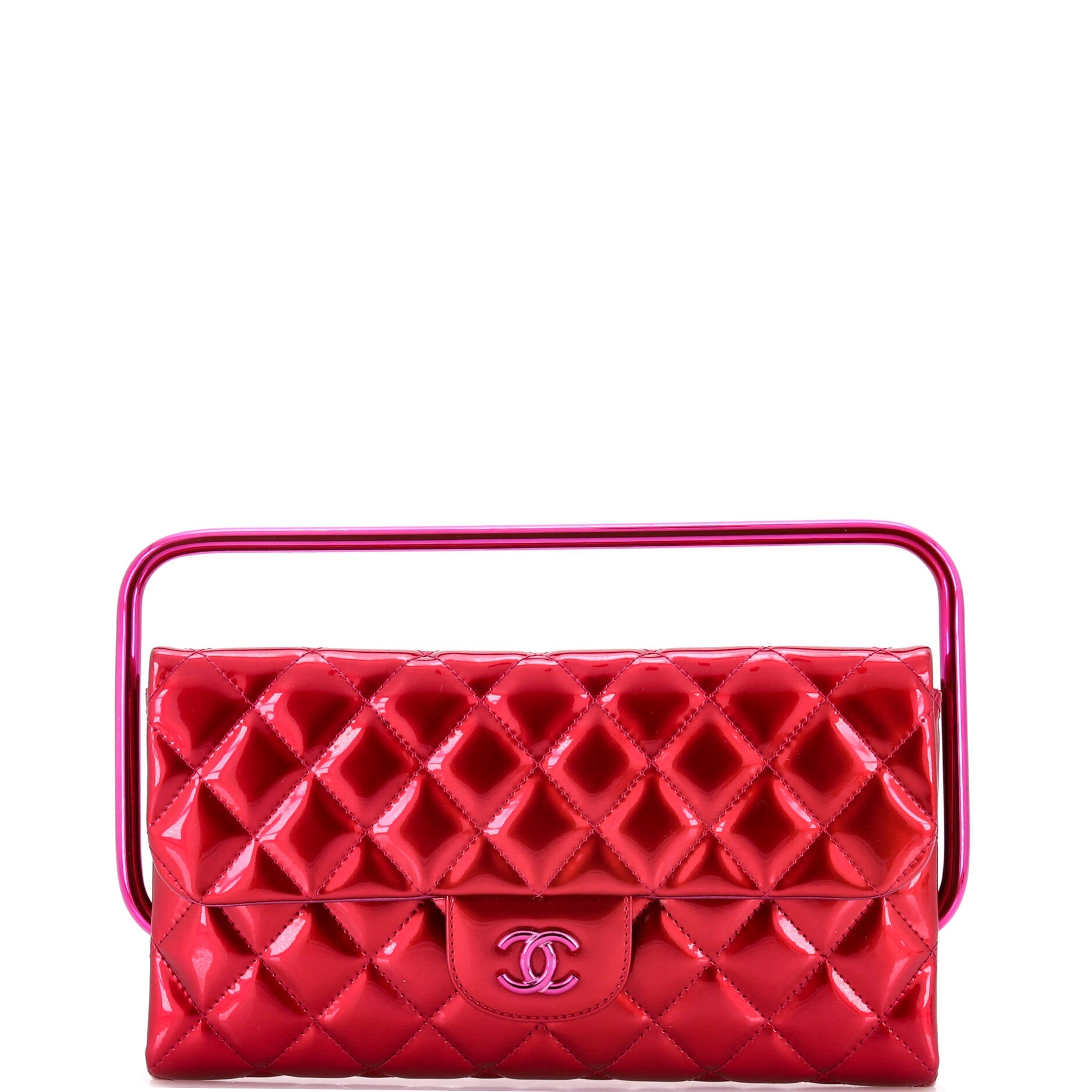 Metal Handle Clutch Quilted Metallic Patent Medium