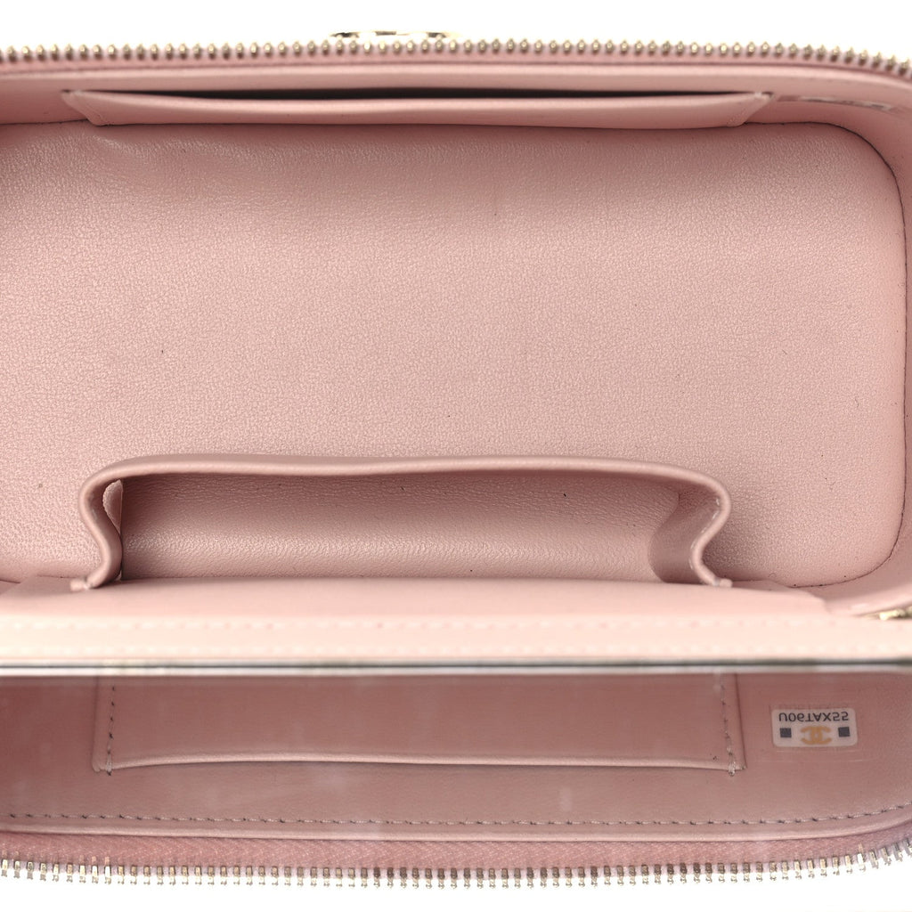 Shiny Lambskin Quilted Top Handle Vanity Case With Chain Pink