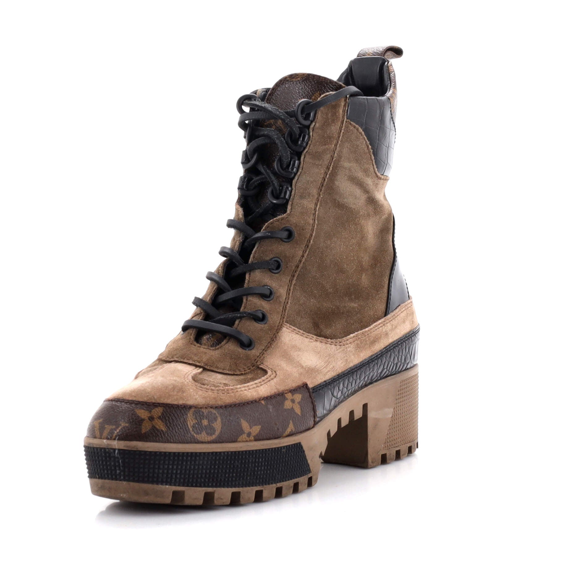 Women's Laureate Platform Desert Boots Suede with Monogram Canvas and Crocodile