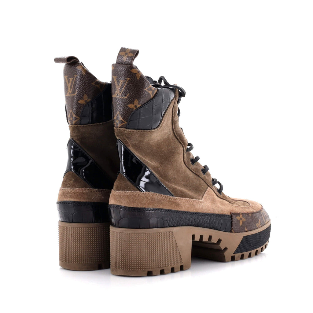Women's Laureate Platform Desert Boots Suede with Monogram Canvas and Crocodile