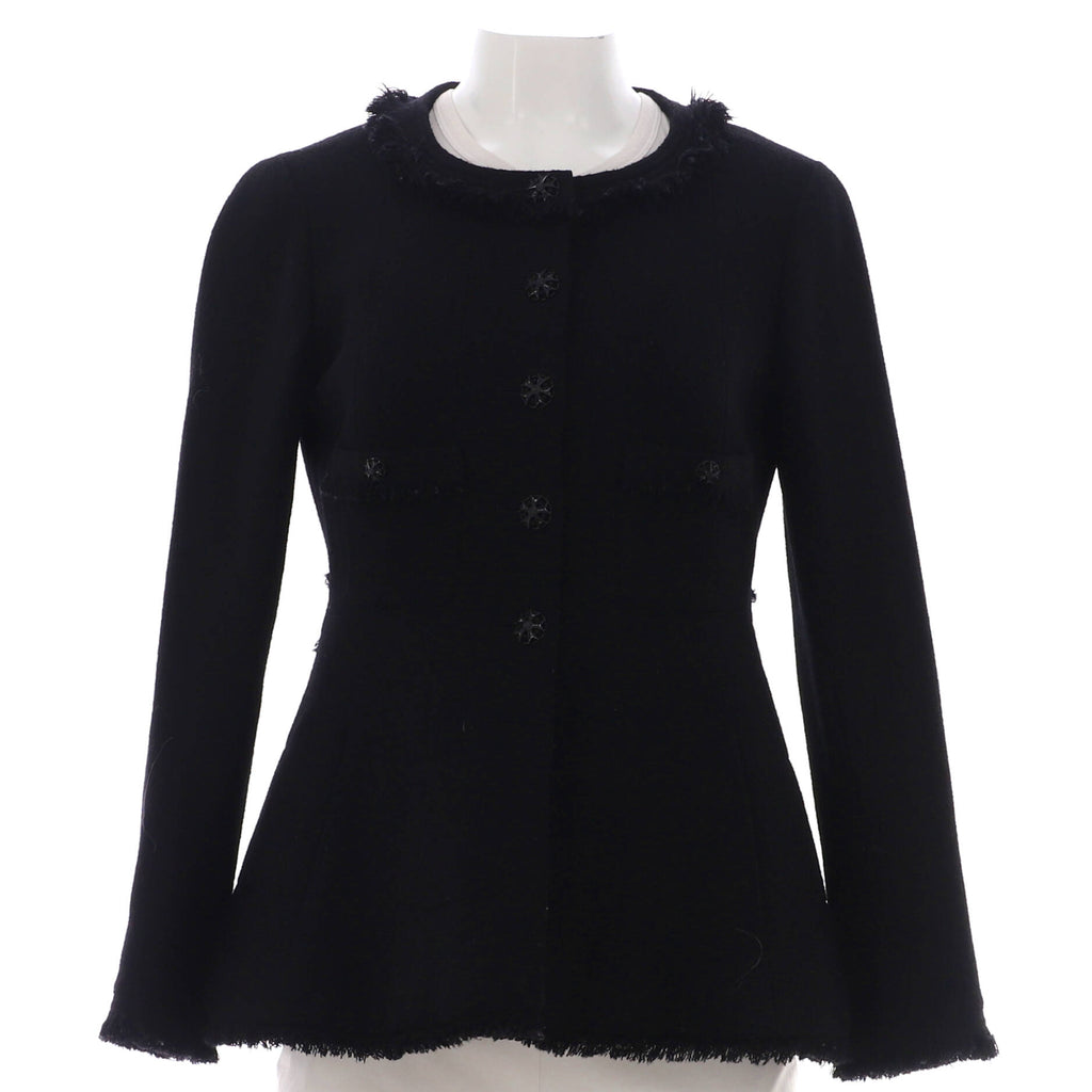 Women's Collarless Frayed Hem Button Up Jacket Wool