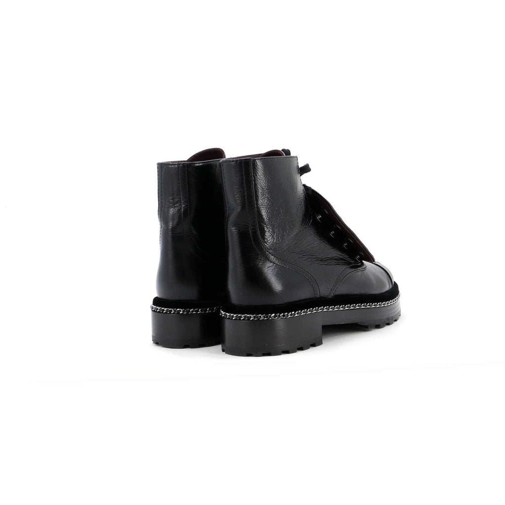 Women's Cap Toe CC Chain Around Pearl Combat Boots Leather
