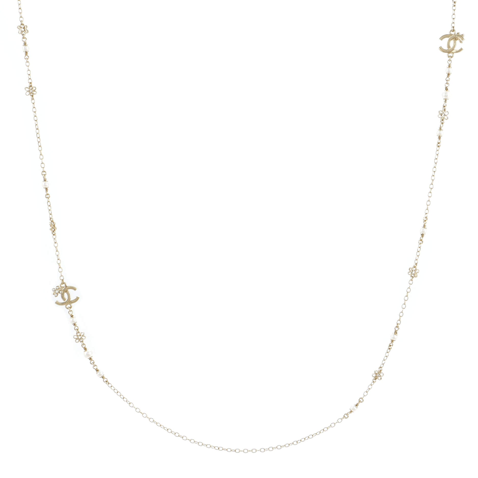 CC Flower Long Necklace Metal with Faux Pearls and Crystals