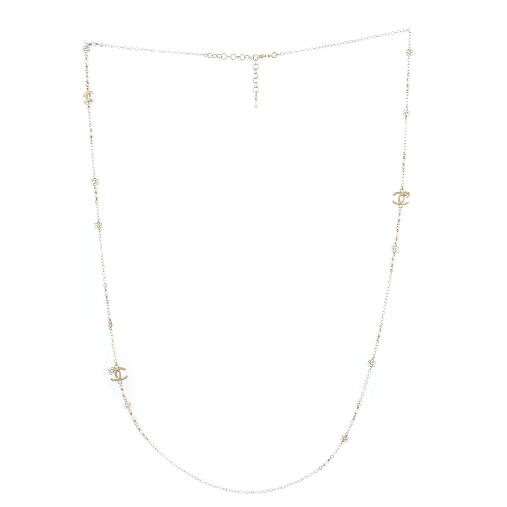 CC Flower Long Necklace Metal with Faux Pearls and Crystals