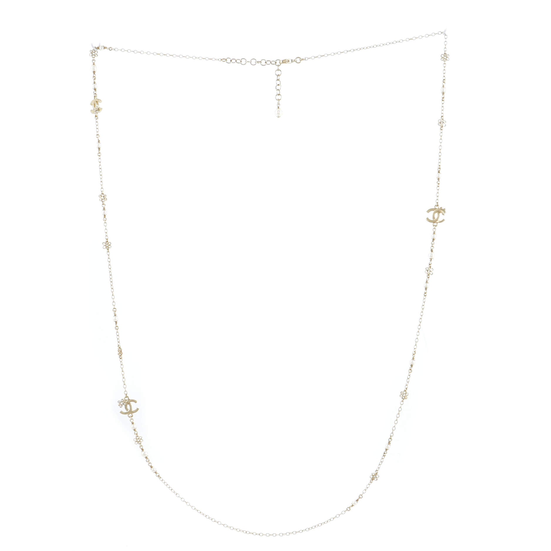 CC Flower Long Necklace Metal with Faux Pearls and Crystals
