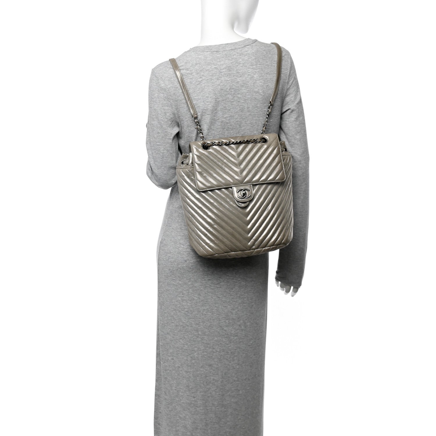 Iridescent Calfskin Chevron Quilted Large Urban Spirit Backpack Silver