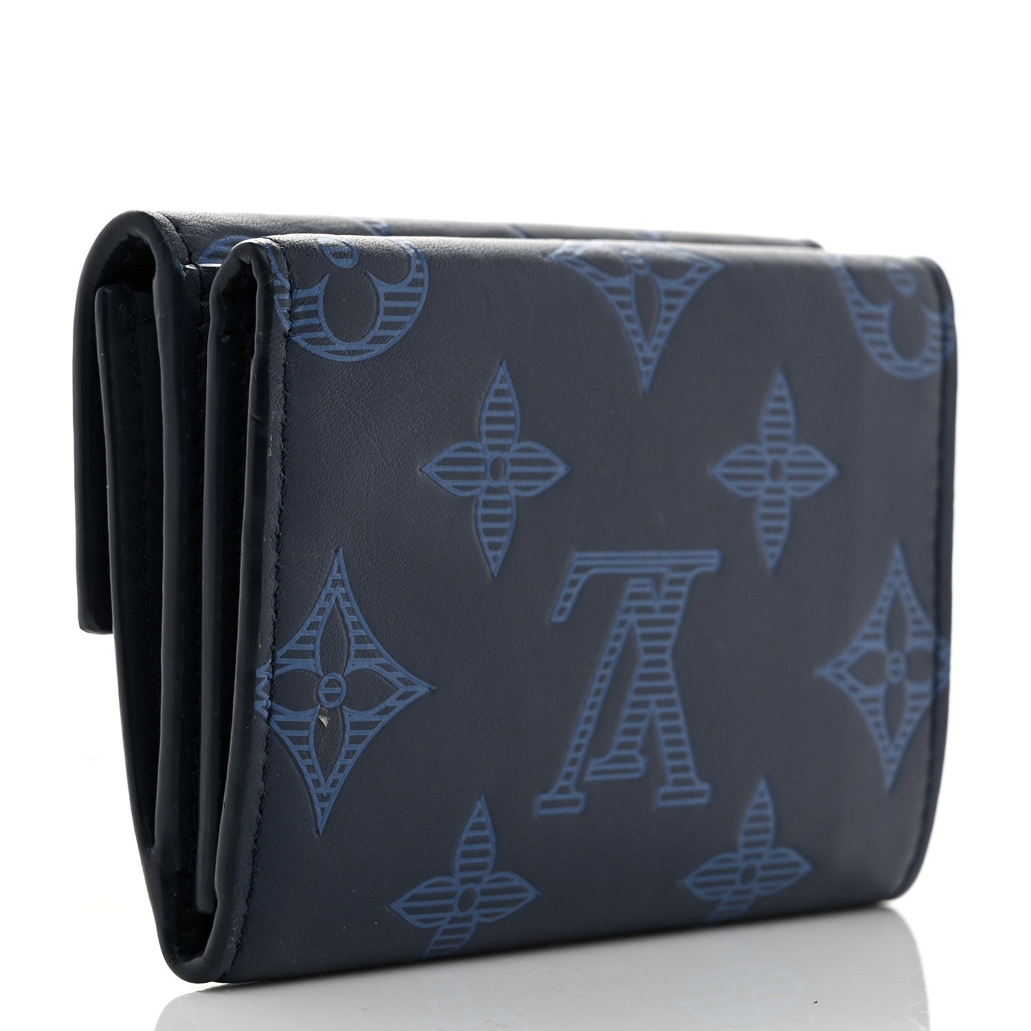 Calfskin Monogram Shadow Discovery Compact Wallet Navy