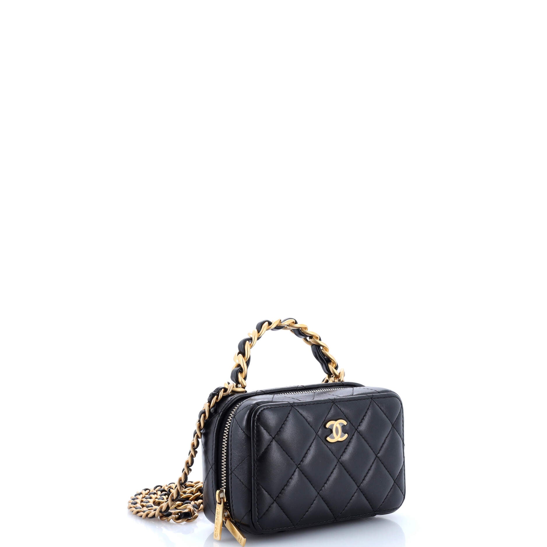 Woven Chain Top Handle Vanity Case Quilted Lambskin Mini