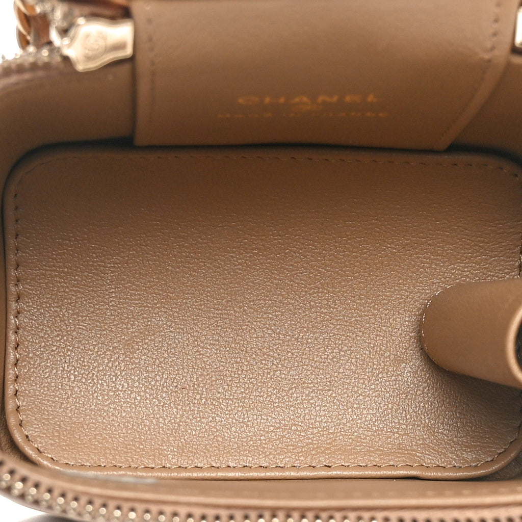 Lambskin Quilted Metal Mini Top Handle Vanity Case With Chain Beige