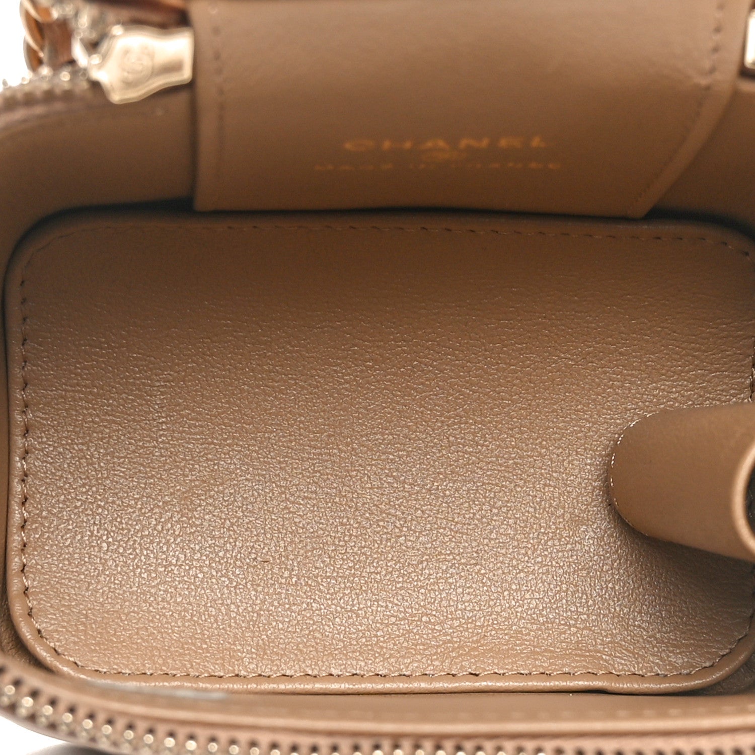 Lambskin Quilted Metal Mini Top Handle Vanity Case With Chain Beige