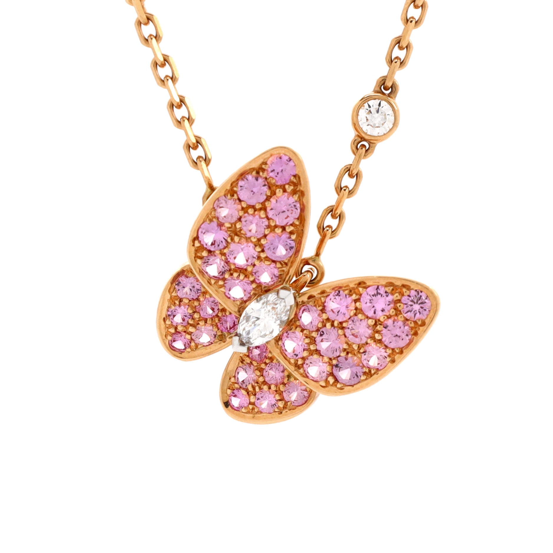 Two Butterfly Pendant Necklace 18K Rose Gold with Pink Sapphires and Diamonds