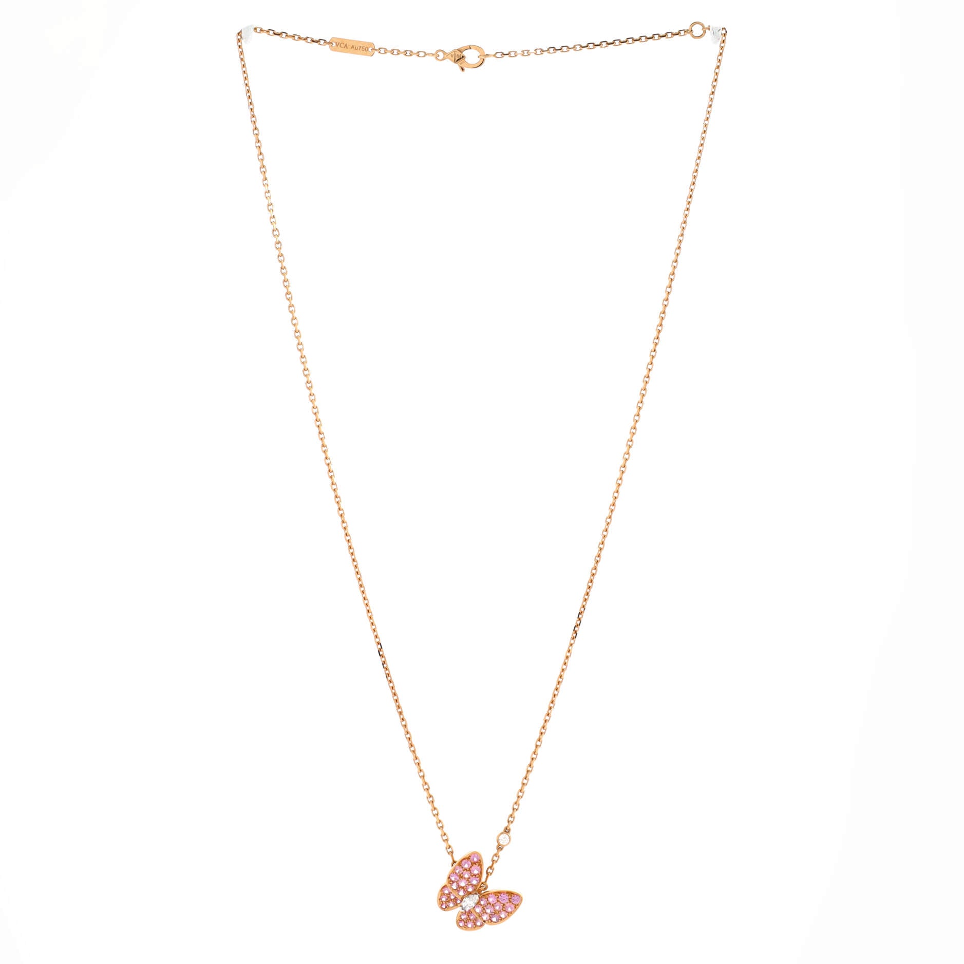 Two Butterfly Pendant Necklace 18K Rose Gold with Pink Sapphires and Diamonds