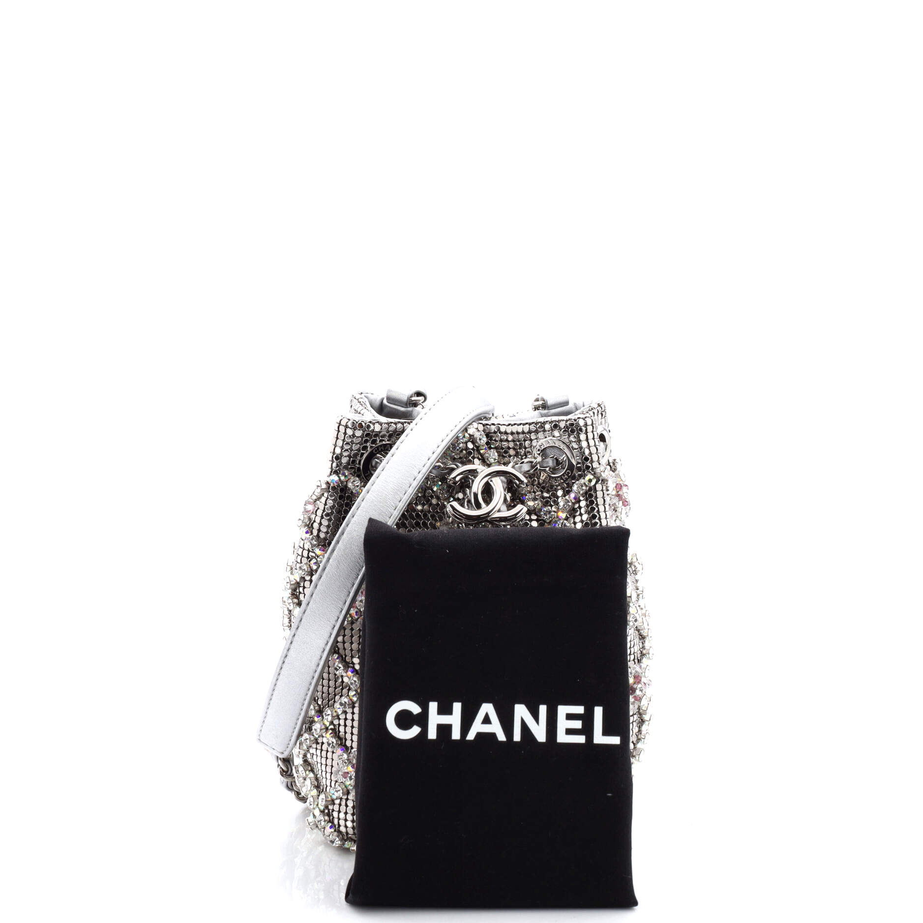CC Drawstring Bucket Bag Crystal Embellished Metal Mesh Mini