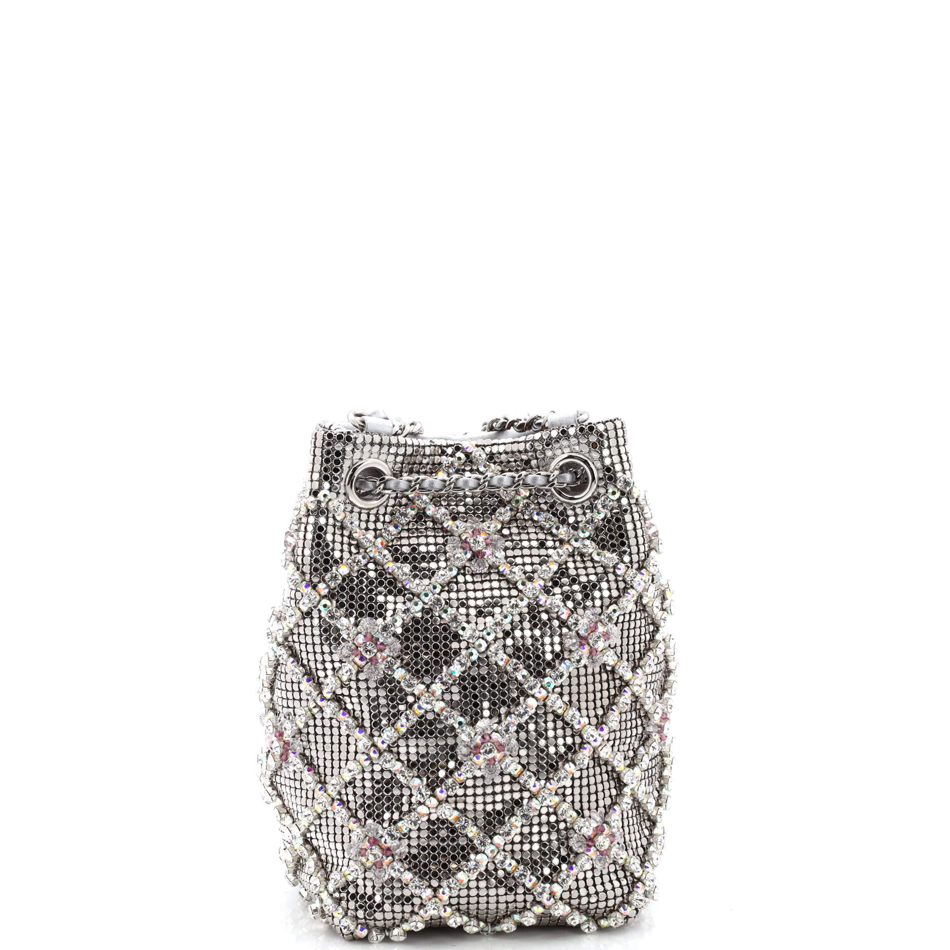 CC Drawstring Bucket Bag Crystal Embellished Metal Mesh Mini