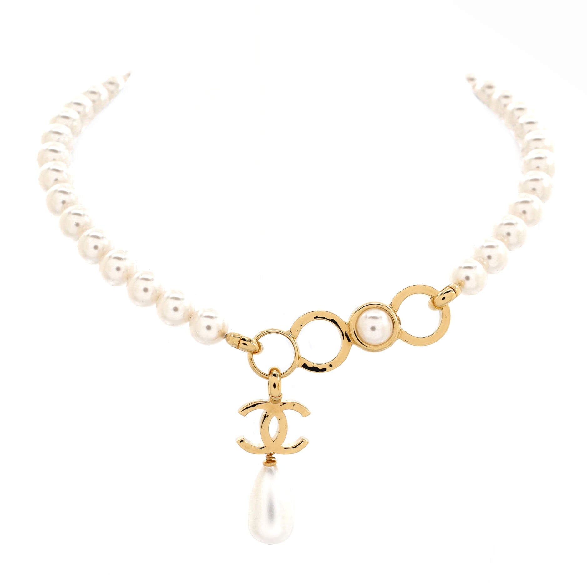 CC Drop Choker Necklace Metal and Faux Pearl