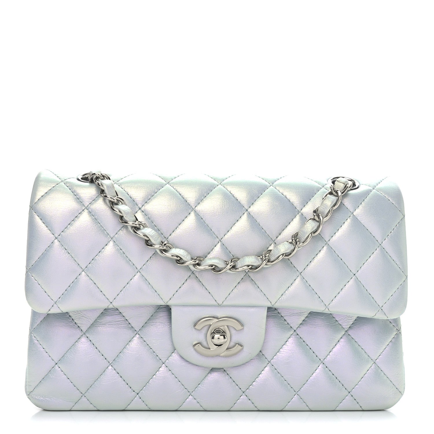 Iridescent Calfskin Quilted Small Double Flap Light Blue